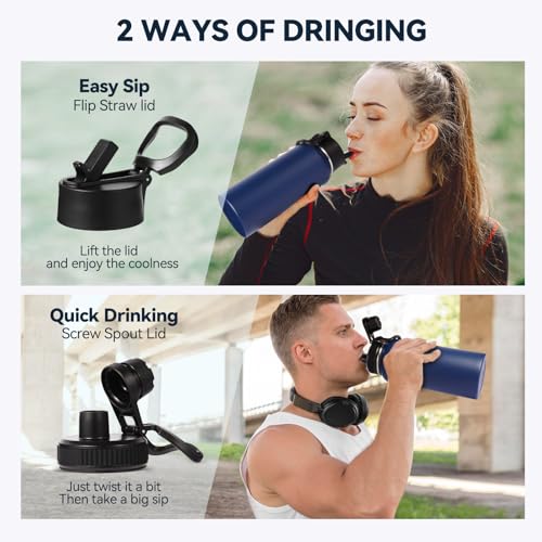 32 oz Insulated Water Bottles Bulk with 2 Lids (4 Count)
