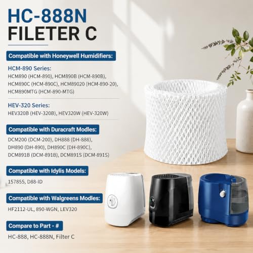 6-Pack HC-888 Humidifier Replacement Wicks Filters: for Honeywell HC-888 Fits HCM890 HCM890C HCM890-20 HCM-890 HCM-890-C HCM-890-20 Duracraft DCM200 DH890C HCM890 DH888 DH890 Idylis 157855 D88-ID