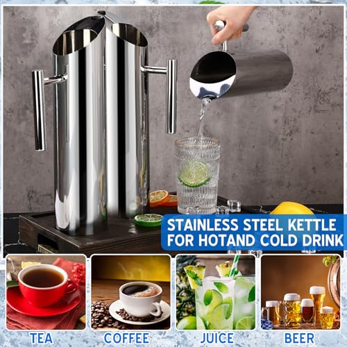 6 Pack 70oz 2l Stainless Steel Water Pitcher Modern Metal Pitcher with Ice Guard Silver Carafe Drink with Handle or Iced Hot Drink Tea Juice Coffee Beer (6 Count)