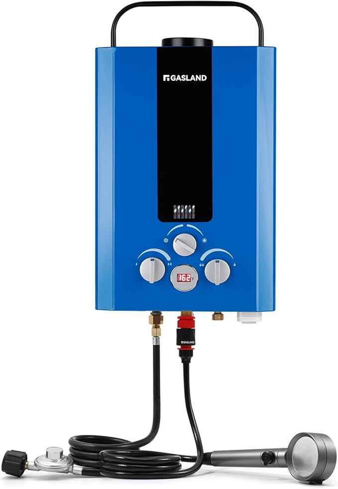 GASLAND Outdoors Propane Tankless Water Heater,1.58GPM 6L Portable Gas Water Heater, Overheating Protection, Easy to Install, Use for RV Cabin Barn Camping Boat, Blue, BE158L