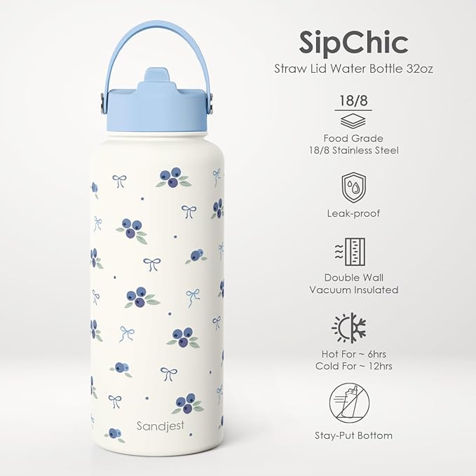 Blueberry Water Bottle Stainless Steel 32oz with Lid & Straw, Fruits Aesthetic Insulated Bottles Gifts for Girls Friends Teens Birthday Christmas