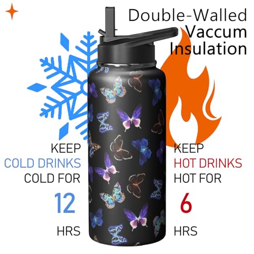 32oz Butterfly Water Bottle with Handle and Flip Straw