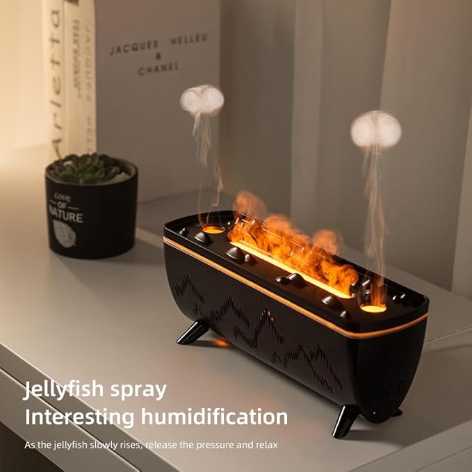 Dual Jellyfish & 3 Colors Flame Essential Oil Diffuser, Mist Humidifier, Aroma Diffuser with Jellyfish Shaped Spray Timing Auto-Off (Black)