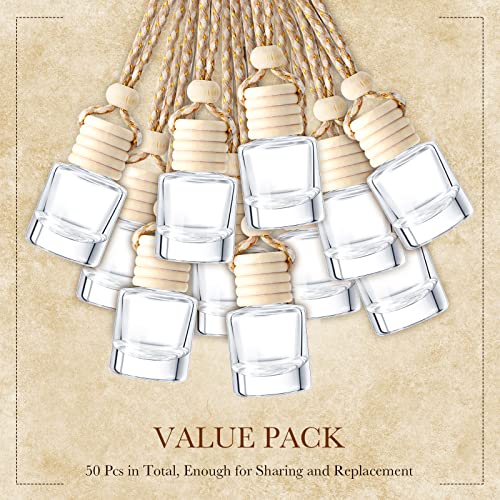 50 Pcs Hanging Car Freshener Car Diffuser Bottles with Wooden Caps Empty Glass Perfume Bottle Freshener Diffuser Bottle Pendant for Essential Oil Fragrance Aromatherapy Ornament (50 Count)