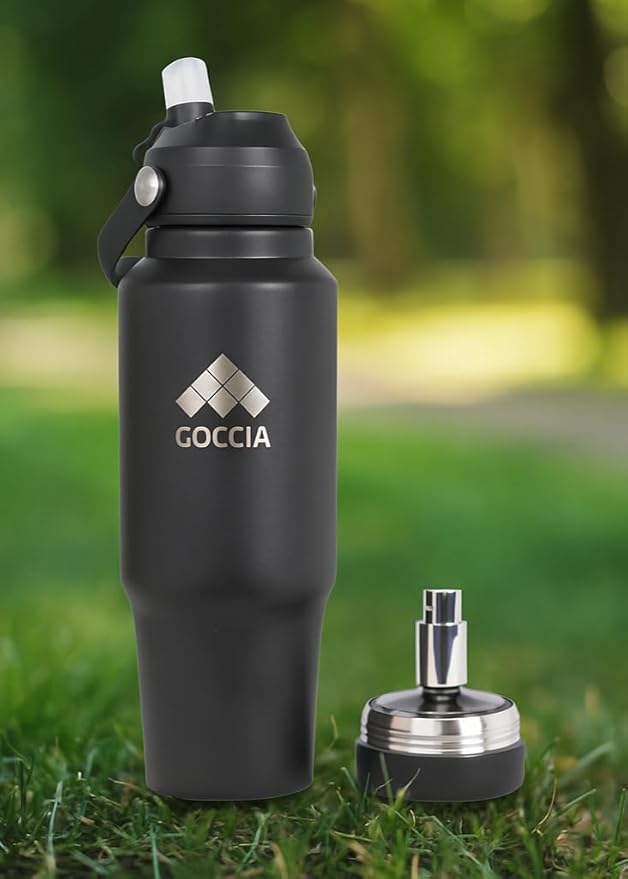 Sip & Scent 2-in-1 Smart Design 30 oz Insulated Water Bottle with Straw and Spout Lids and Refillable Perfume Container – 3-Layer Copper-Core, Leak-Proof Stainless Steel Water Bottle (Black)