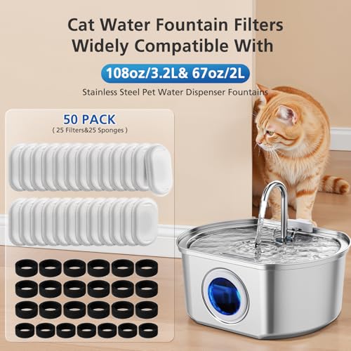 50 Pack Cat Water Fountain Filters for Stainless Steel Pet Water Dispenser (25 Count)