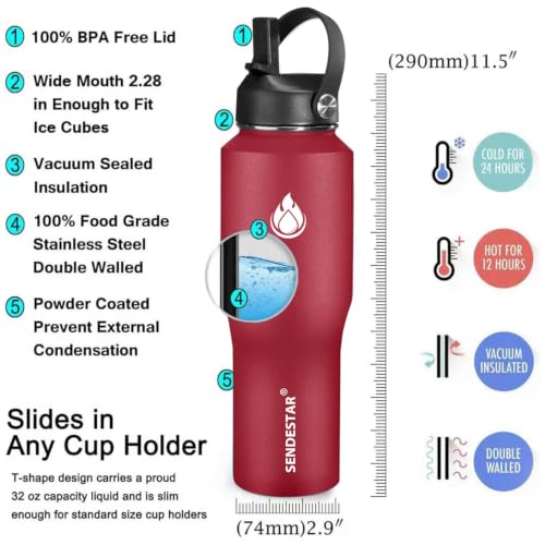 32oz Water Bottle Wide Mouth Stainless Steel Vacuum Insulated Double Wall with Straw Lids Fit in Any Car Cup Holder