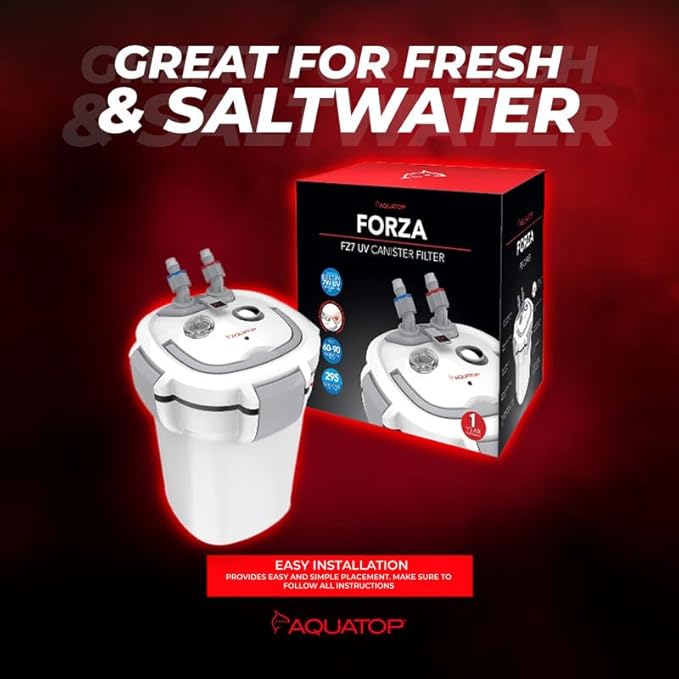 Aquatop Forza Premium Canister Filter – 295 GPH Flow Rate – Ideal for 60-90 Gallon Tanks – 7W for Crystal Clear Water – Includes Filter Media