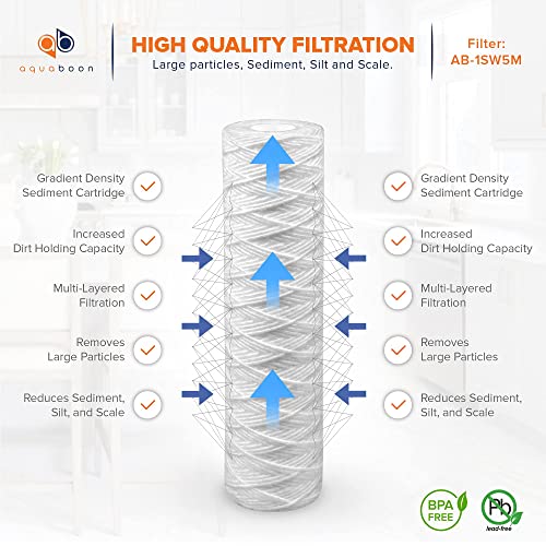 Whole House 5 Micron 10 x 2.5 String Wound Sediment Water Filter Cartridge Replacement Compatible with Well Water Filter WHKF (6 Count)