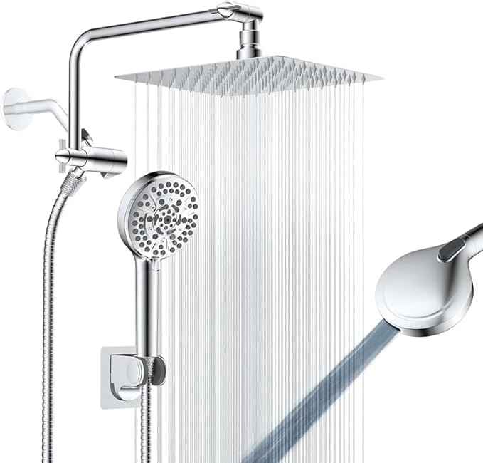 All Metal Shower Head, 8" High Pressure Rainfall/Handheld Shower Combo with 11" Extension Arm, 10-Spray Handheld Showerhead, 71" Long Hose, 3-Way Diverter Valve, Chrome