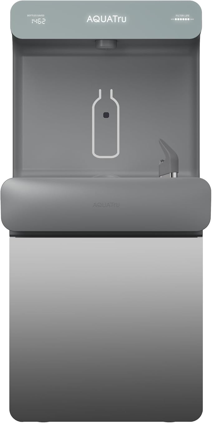 AquaTru Pro On-Wall Commercial Water Station with Bubbler | Wall Mount Bottle Filler & Drinking Fountain | NSF-Certified Filtration | 9.5 GPH Cooling Capacity | Touch-Free Refrigerated Dispenser