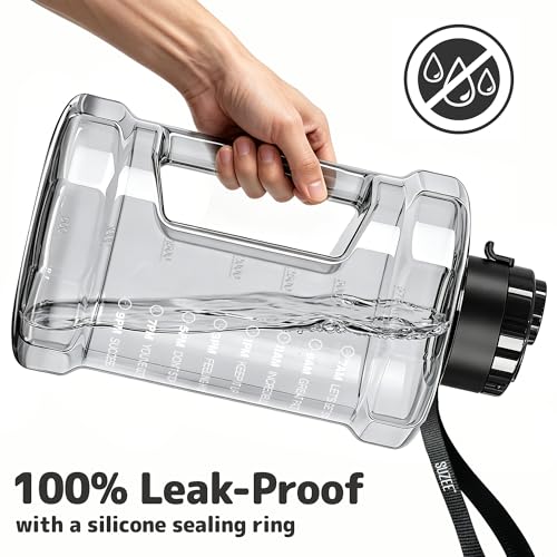 Large Water Bottle with Motivational Time Marker & Straw & Handle