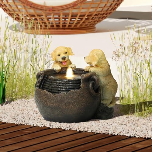 LuxenHome 16 Inch Puppies Resin Outdoor Water Fountain with LED Lights