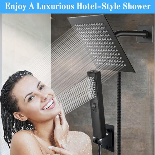 6'' Square High Pressure Rain Black Shower Heads with Handheld Spray Combo. Equipped with 78" Leakproof Hose