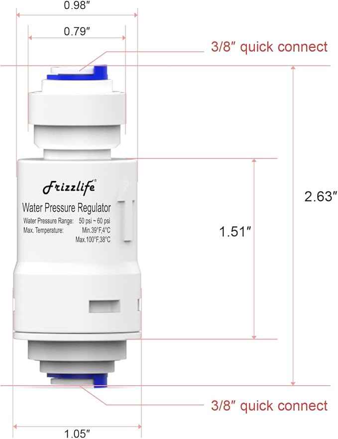 Frizzlife PRV3 Water Filter Pressure Regulator Protection Valve For Reverse Osmosis & Water Filter System, 60PSI, 3/8” Quick Connect Push Fit