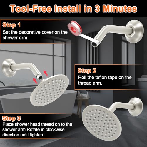 6 Inch Round Rainfall Shower Head with Stainless Steel Arm High Pressure Water Saving Anti