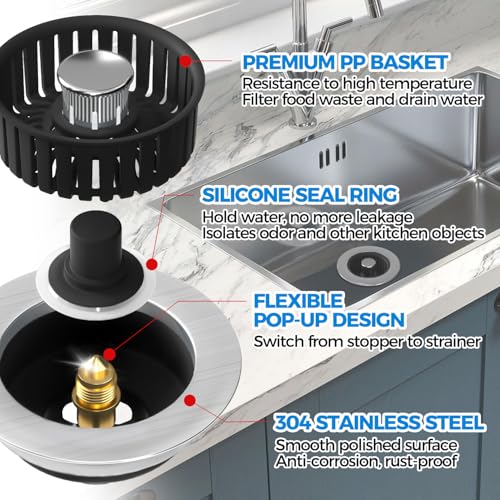 3 in 1 Kitchen Sink Drain Strainer Stopper Removable Basket Pop