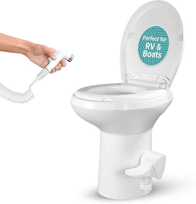 SereneLife Camper/RV Toilet – Easy Flush with Foot Pedal, Hand Sprayer, Soft-Close Seat, Leak-Proof Bowl, Odor-Free, Includes Accessories, Quick Install for RVs, Trailers, Boats & Marine Use