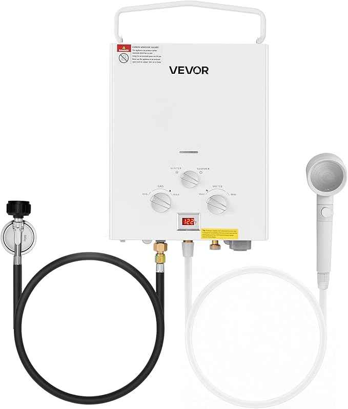 VEVOR Portable Propane Water Heater, 5L Tankless Outdoor Water Heater, 34000 BTU 1.32 GPM Instant Hot Water, with Accessory Set + Regulator +Water Pump for RV Camping Trips Cabins Barns
