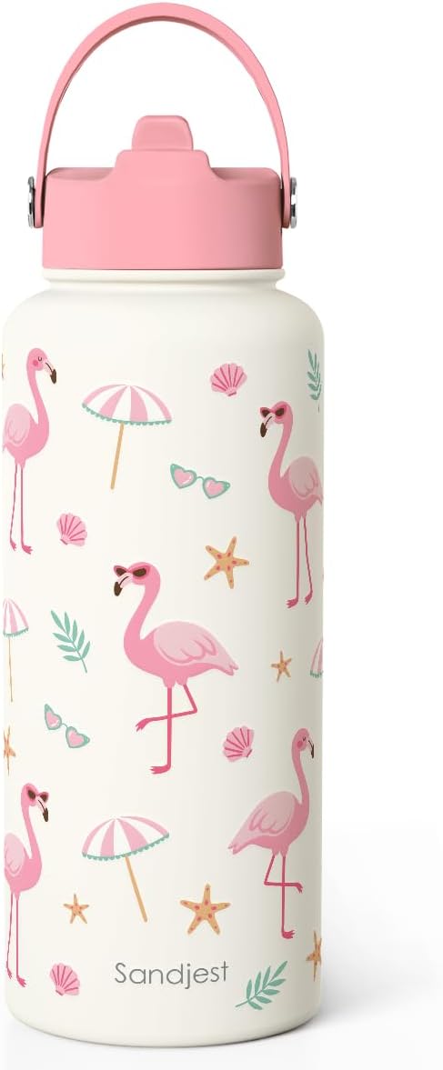 Flamingo Lover Gift for Women, Tropical Water Bottle Stainless Steel 32oz with Lid & Straw, Insulated Bottles Gifts for Girls Friends Teens Birthday Christmas Summer Vibes