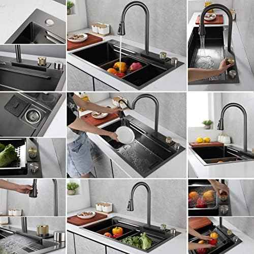 Waterfall Multi-Function Digital Display Sink，Waterfall Sink Waterfall Kitchen Sink Versatile Stainless Steel Single-Bowl Kitchen Workstation Sink Waterfall Pull-Down Faucet and Complete Acc