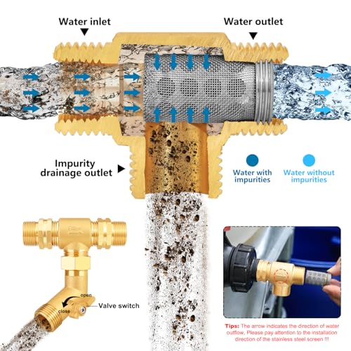 T Line Strainer Garden Hose Filter with 100 Mesh and 40 Mesh Screen and 2 PCS GHT to NPT Adapter Pressure Washer or Heater Inlet for RV Camping Car Wash On Pipe Strainer