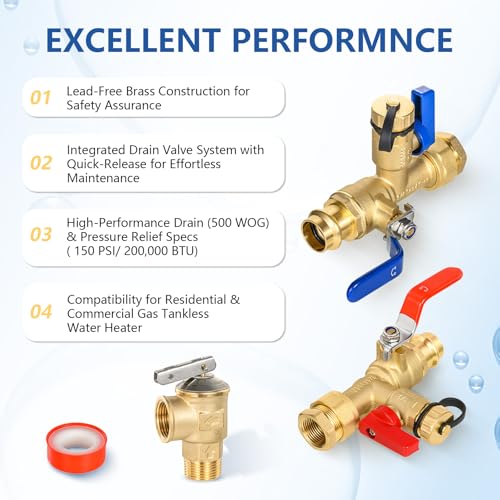 3 4 Inch GUOFIS IPS Tankless Water Heater Valve Kit with Pressure Relief Valve (2 Count)
