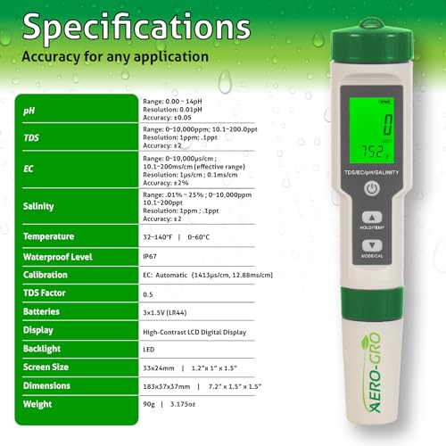 5-in-1 Digital Water Testing Meter | pH, TDS, EC, Salinity & Temperature Tester | Hydroponics, Aquarium, Pool & Drinking Water Quality Monitor