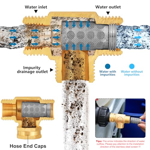 T Line Strainer Garden Hose Filter with 100 Mesh and 40 Mesh Screen and 2 PCS GHT to NPT Adapter Pressure Washer or Heater Inlet for RV Camping Car Wash On Pipe Strainer
