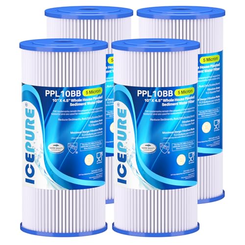 5 Micron 10" x 4.5" Whole House Sediment Pleated Water Filter 4Pack (50 Count)