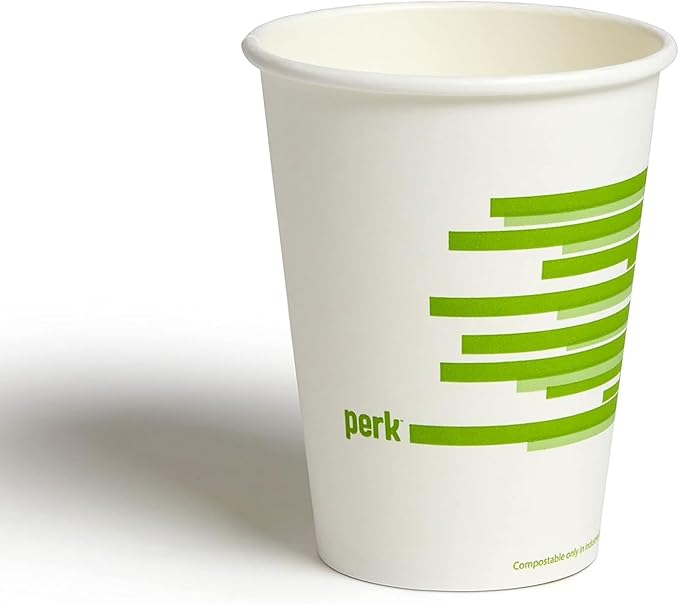 Perk Eco 12 Oz Compostable Paper Hot Cups, 500 Count Bulk Disposable Coffee Cups for Hot Beverages, White/Green