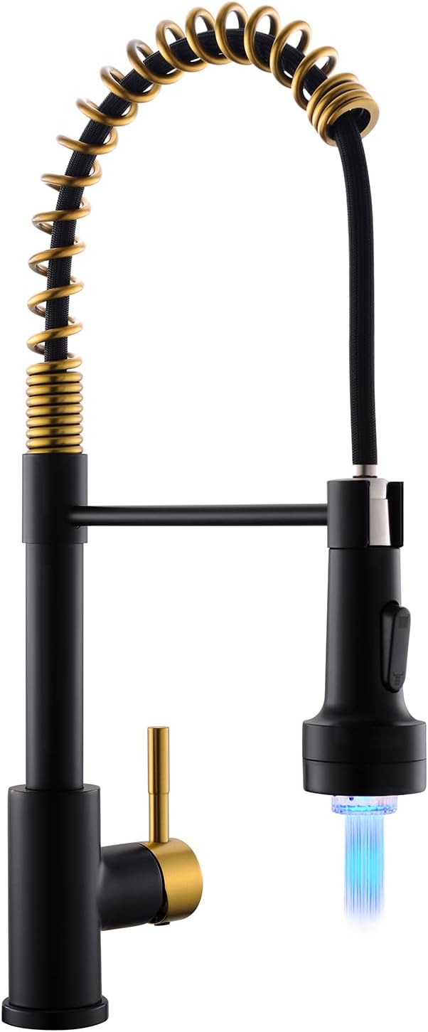 GIMILI Black and Gold Kitchen Faucet with Pull Down Sprayer Single Hole Stainless Steel LED Faucet, Suitable for Farmhouses, RV, Laundry Room, Outdoor, and Campers. Llave para fregadero de cocina