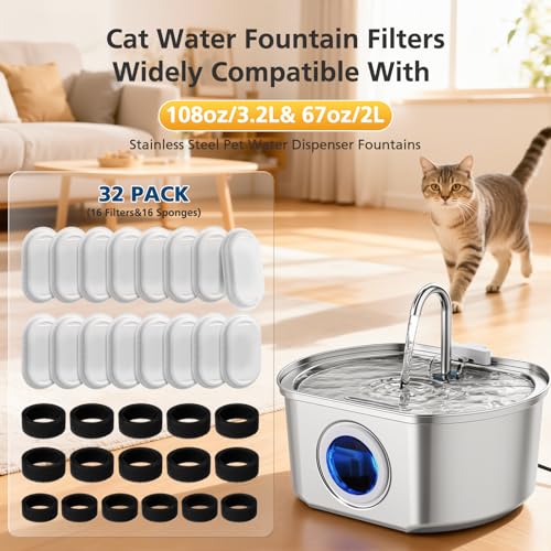 32 Pack Cat Water Fountain Filters for Stainless Steel Pet Water Dispenser (32 Count)
