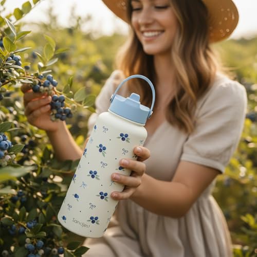 Blueberry Water Bottle Stainless Steel 32oz with Lid & Straw