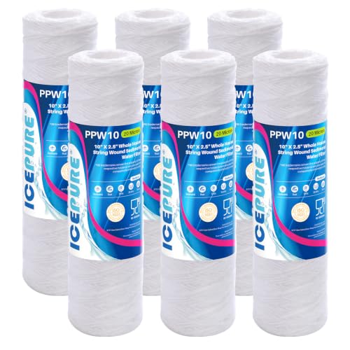 20 Micron 10" x 2.5" String Wound Sediment Water Filter Cartridge for Well filter Universal Replacement for Any 10 inch RO Unit (6 Count)