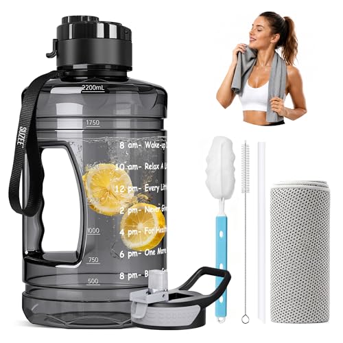 Large Water Bottle with Motivational Time Marker & Straw & Handle
