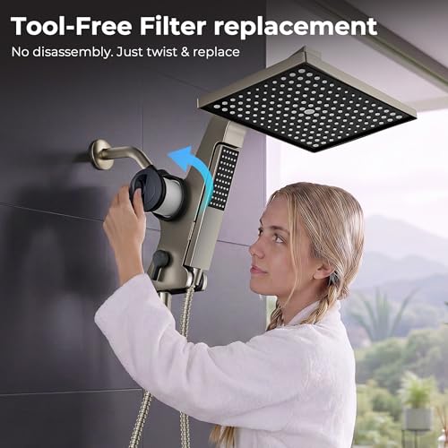 Filtered Rain Shower Head with Handheld Combo High Pressure 12'' Rainfall Shower Heads & Hidden Detachable Wand Dual Showerhead Water Softener for Hard Water Easy Filter Replacement