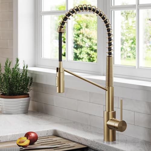 Oletto Commercial Style Single Handle Pull Down Kitchen Faucet with QuickDock Top Mount Installation Assembly in Spot Free Antique Champagne Bronze