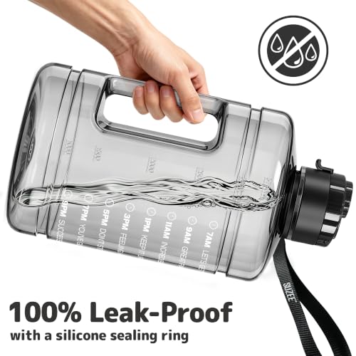 Large Water Bottle with Motivational Time Marker & Straw & Handle