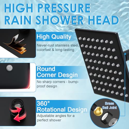 6 Inch Square Shower Head Black Stainless Steel High Pressure Rain Shower Heads with Extension Arm Adjustable Angle Replacement Shower Head for Modern Bathroom