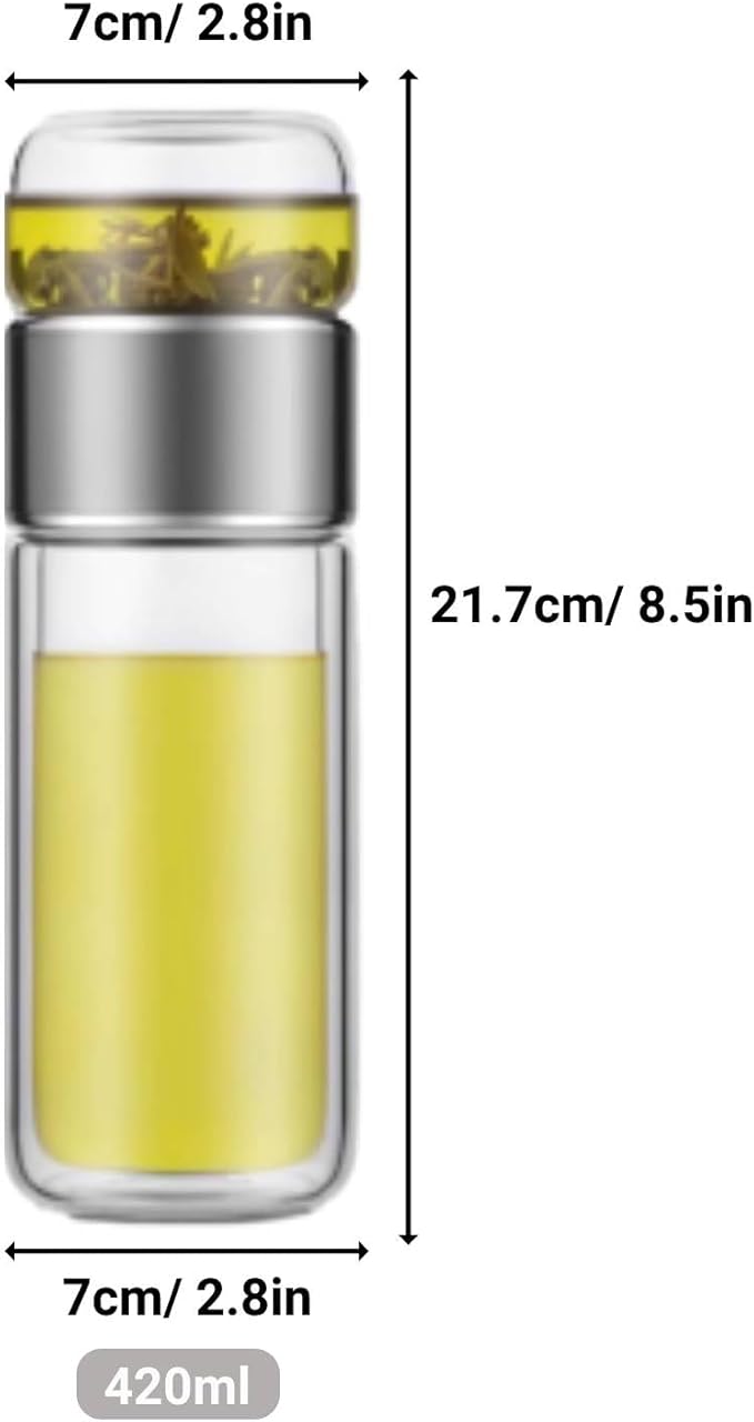 Niiyen Tea Infuser Bottle Glass Tea Tumbler with Infuser 420ml Double Layer Stainless Steel Leakage Proof Water Bottle for Loose Leaf Tea for Office Travel Home(Stainless steel)