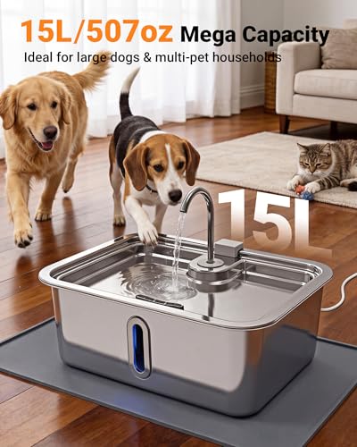 3.96Gal 15L Large Dog Water Fountain with Pet Feeding Mat and 3 Filters (507.27 Ounce)