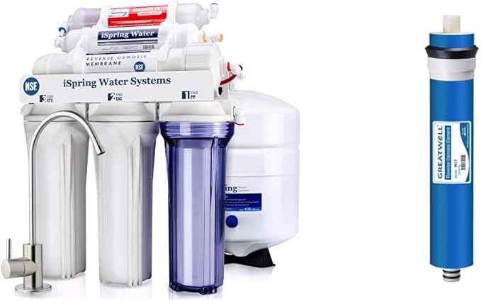 iSpring RCC7AK Under Sink Reverse Osmosis Drinking Water Filter System with Alkaline Remineralization-Natural pH, White & MC7 Reverse Osmosis (RO) Membrane Replacement 75 GPD, 11.75” X 1.75”, Blue