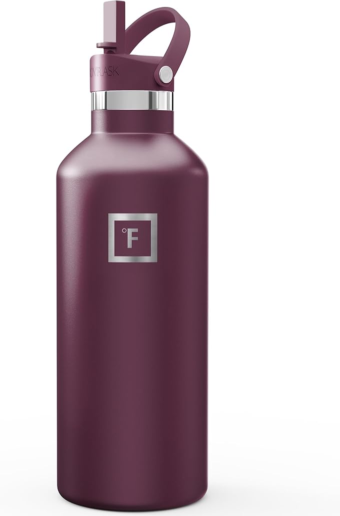 IRON °FLASK Camping & Hiking Hydration Flask with Straw, Narrow Mouth Insulated Stainless Steel Sports Water Bottle - Burgundy 32 oz - Straw (1 Lid)