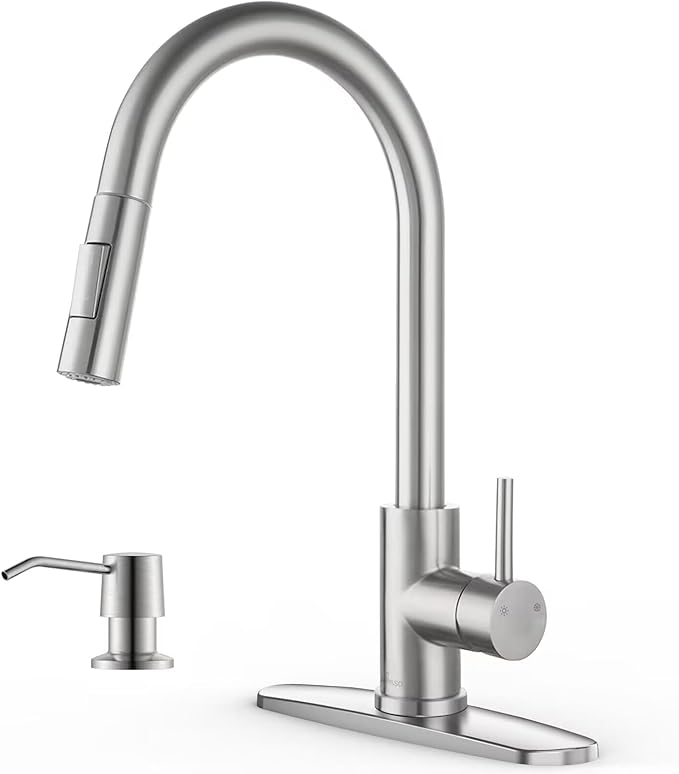 APPASO Kitchen Faucet with Soap Dispenser: Brushed Nickel S304 Stainless Steel Sink Faucets with Pull Down Sprayer 2 Modes, Modern Single Handle High Arc for Sink RV Bar, Easy to Install & No Leaking