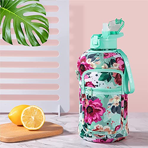 Half Gallon Water Bottle with Sleeve 64 OZ Water Bottle with Handle & Straw Leakproof Motivational Sports Gym Water Bottle with Time Marker Water Jug with Neoprene Holder