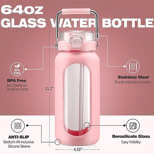 64oz Water Bottle Glass with Stainless Steel Handle Large Water Bottle with Time Markers and Silicone Sleeve Half Gallon Water Jug BPA Free for Gym Daily Use