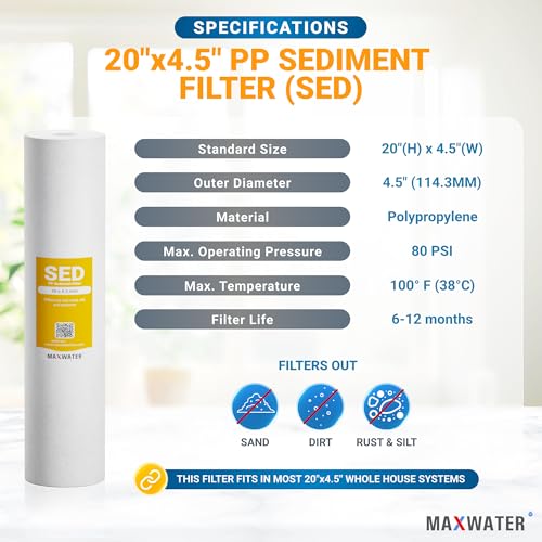 5 Micron 20 x 4.5 Sediment Filter 20 inch Whole House BB Water Filtration System Replacement Compatible Cartridge DGD (4 Count)