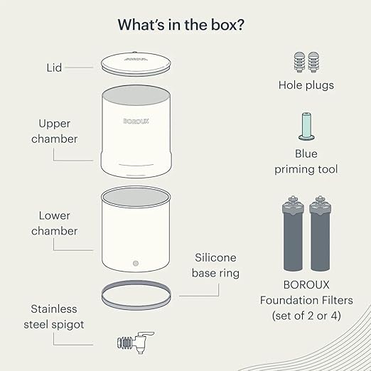 Boroux Legacy Gravity-Fed Countertop Stainless Steel Water Filter System | 3 Gallons with 2 Authentic Black Foundation. Filters | Matte White