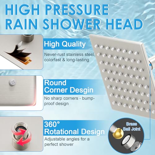 6 Inch Square Shower Head Stainless Steel High Pressure Rain Shower Heads with Extension Arm Adjustable Angle Replacement Shower Head for Modern Bathroom